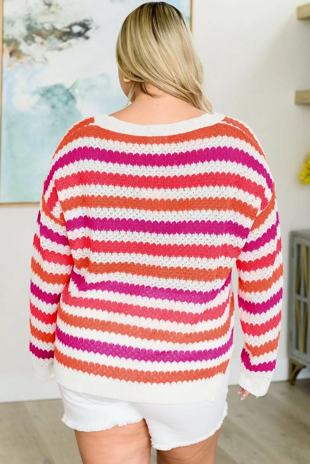 Pink Stripe V Neck Drop Shoulder Plus Size Sweater - Love Salve